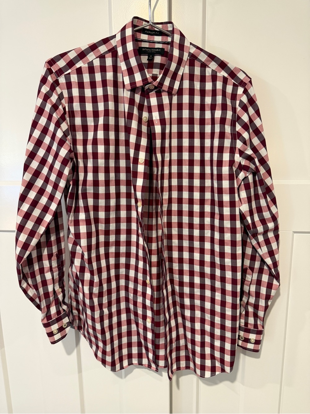 Banana Republic Men's Burgundy and White Check Dress Shirt